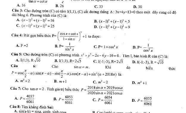 Đề thi học kì 2 Toán 10 năm 2018 2019 trường THPT Nhân Chính Hà Nội