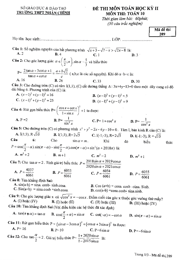 Đề thi học kì 2 Toán 10 năm 2018 2019 trường THPT Nhân Chính Hà Nội