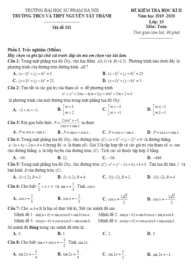 Đề thi học kì 2 Toán 10 năm 2019 2020 trường Nguyễn Tất Thành Hà Nội