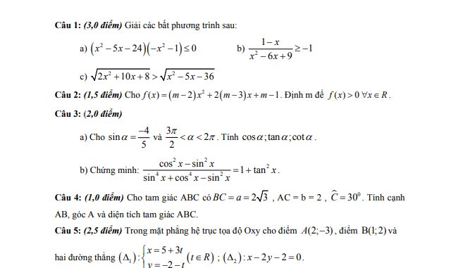 Đề thi học kì 2 Toán 10 năm 2019 2020 trường Quốc tế Á Châu TP HCM