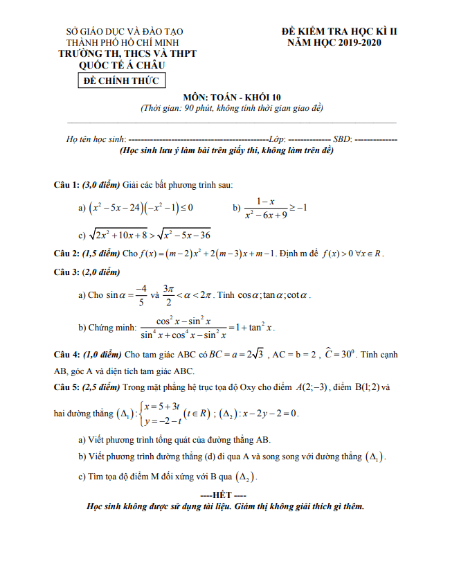 Đề thi học kì 2 Toán 10 năm 2019 2020 trường Quốc tế Á Châu TP HCM