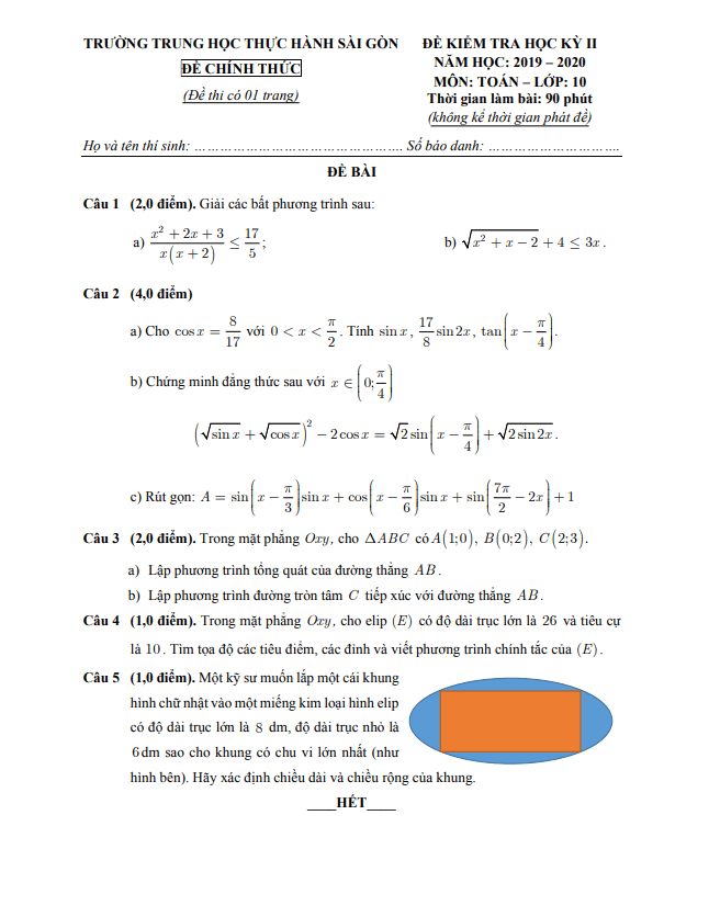 Đề thi học kì 2 Toán 10 năm 2019 2020 trường TH Thực hành Sài Gòn TP HCM