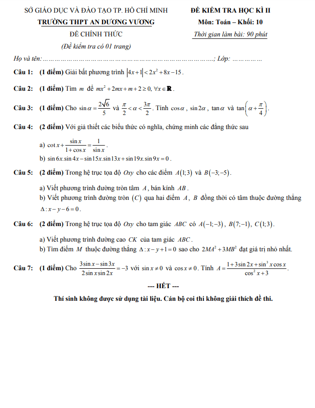 Đề thi học kì 2 Toán 10 năm 2019 2020 trường THPT An Dương Vương TP HCM