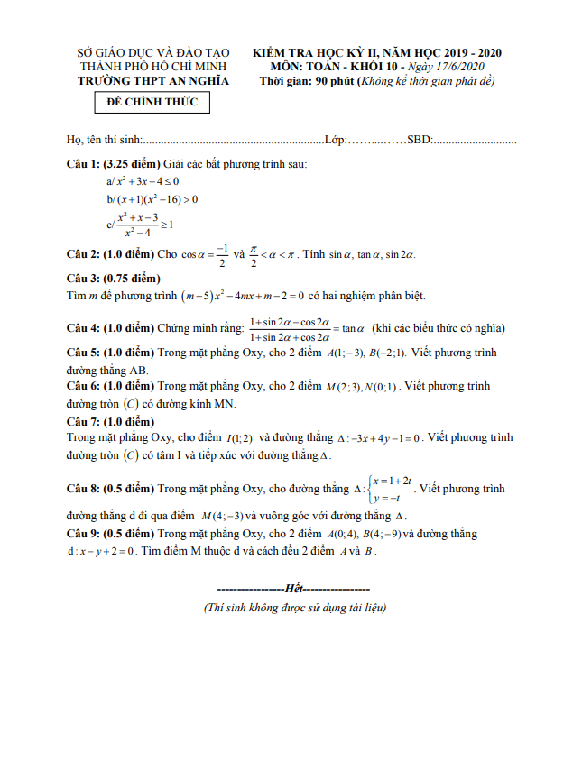 Đề thi học kì 2 Toán 10 năm 2019 2020 trường THPT An Nghĩa TP HCM