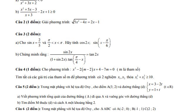 Đề thi học kì 2 Toán 10 năm 2019 2020 trường THPT Bà Điểm TP HCM