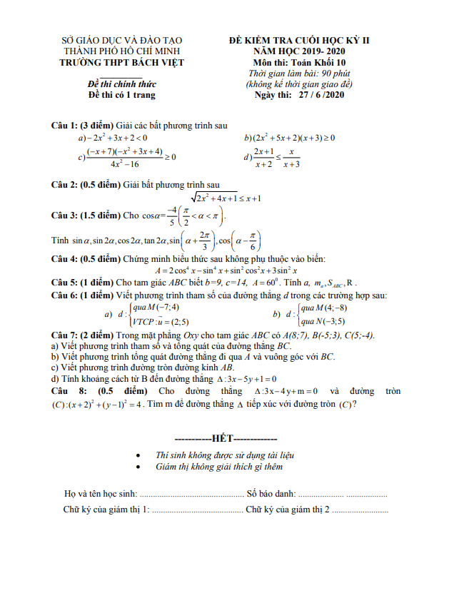 Đề thi học kì 2 Toán 10 năm 2019 2020 trường THPT Bách Việt TP HCM