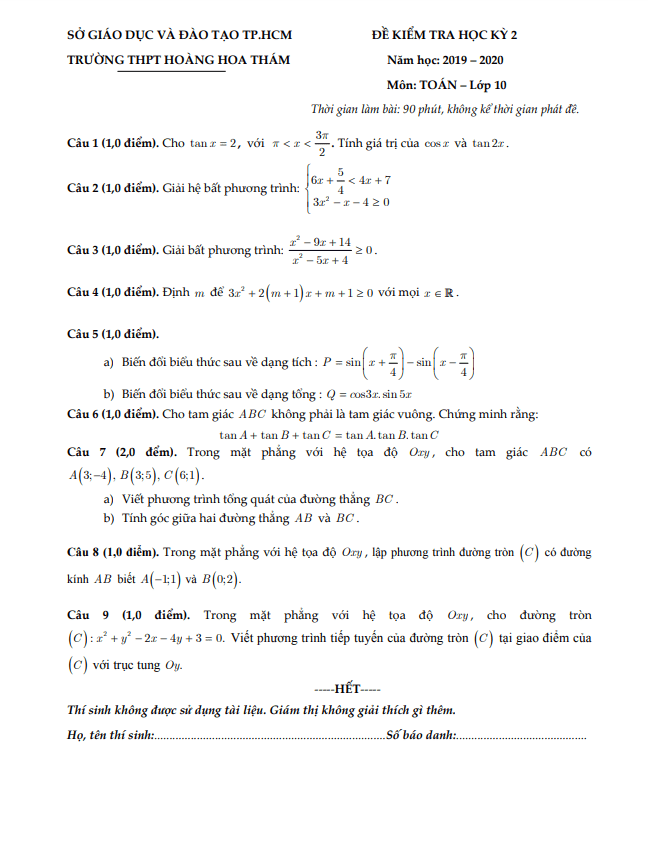 Đề thi học kì 2 Toán 10 năm 2019 2020 trường THPT Hoàng Hoa Thám TP HCM