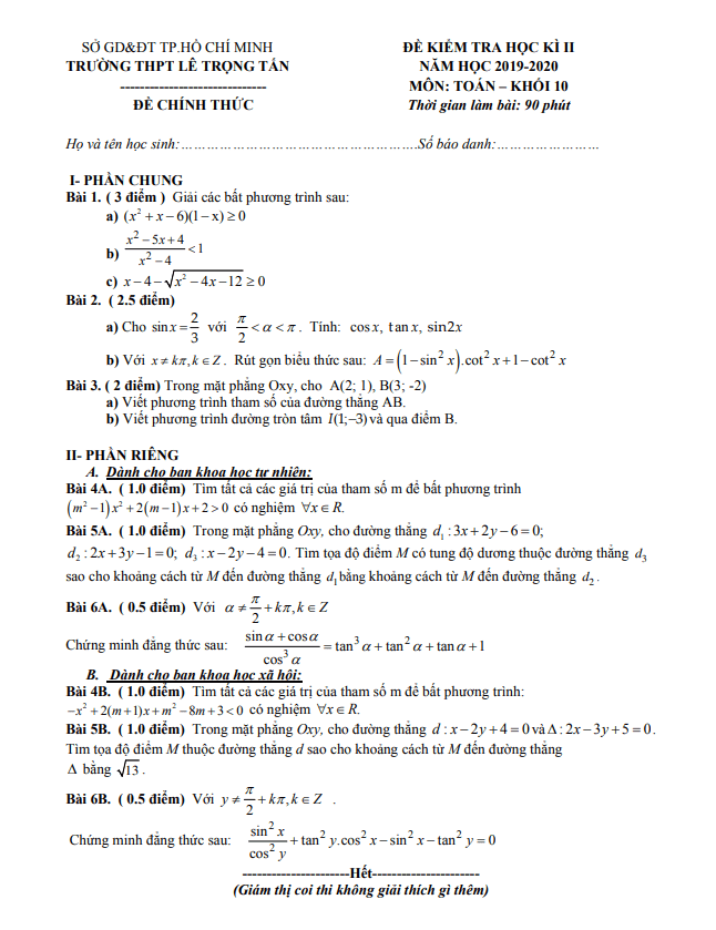 Đề thi học kì 2 Toán 10 năm 2019 2020 trường THPT Lê Trọng Tấn TP HCM