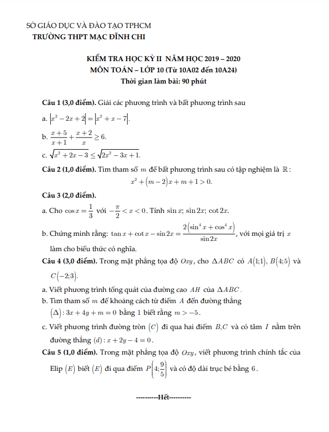 Đề thi học kì 2 Toán 10 năm 2019 2020 trường THPT Mạc Đĩnh Chi TP HCM