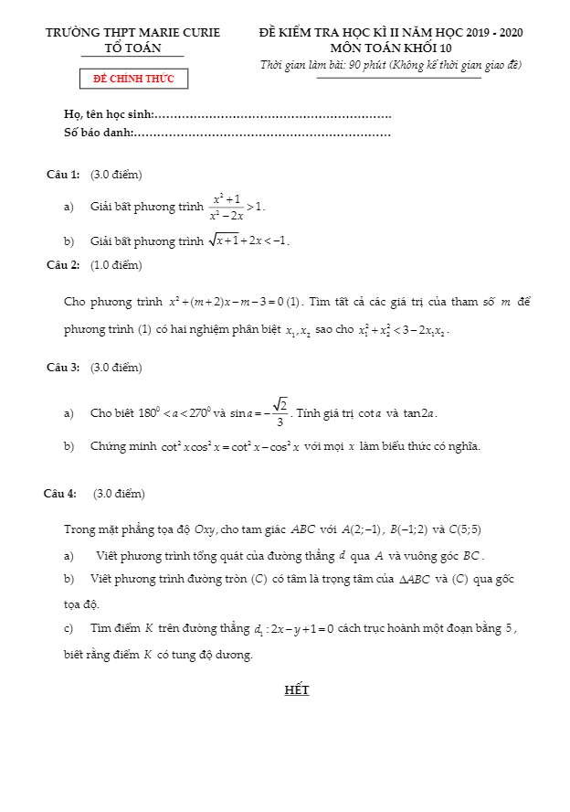 Đề thi học kì 2 Toán 10 năm 2019 2020 trường THPT Marie Curie TP HCM