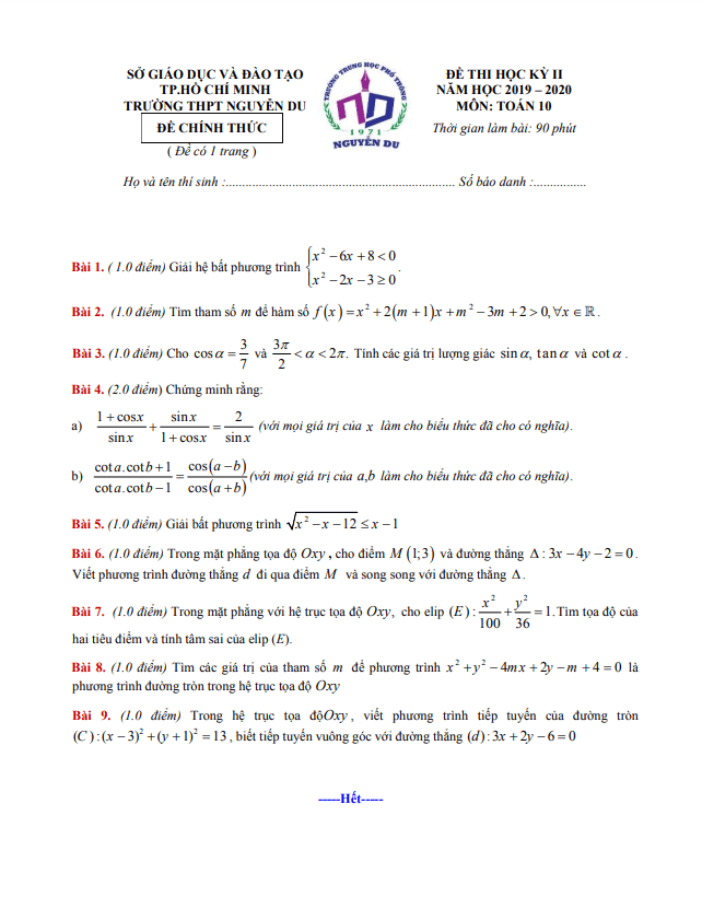 Đề thi học kì 2 Toán 10 năm 2019 2020 trường THPT Nguyễn Du TP HCM