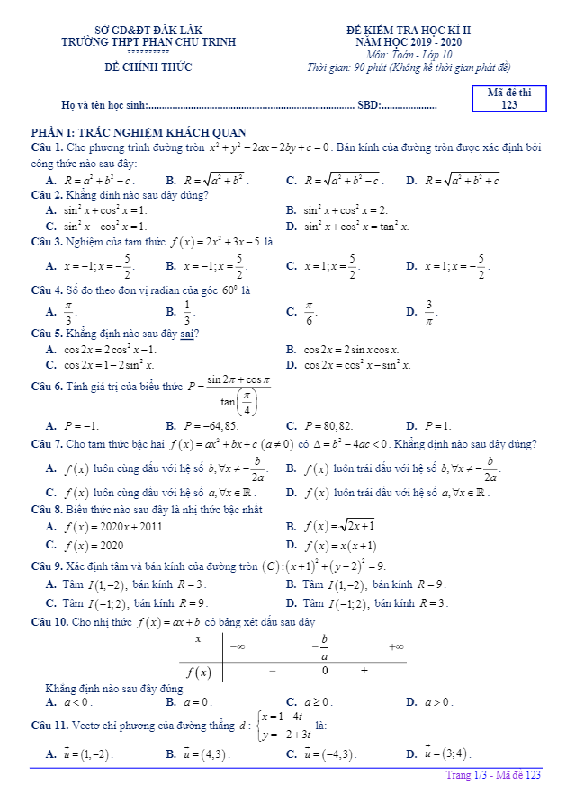 Đề thi học kì 2 Toán 10 năm 2019 2020 trường THPT Phan Chu Trinh Đắk Lắk