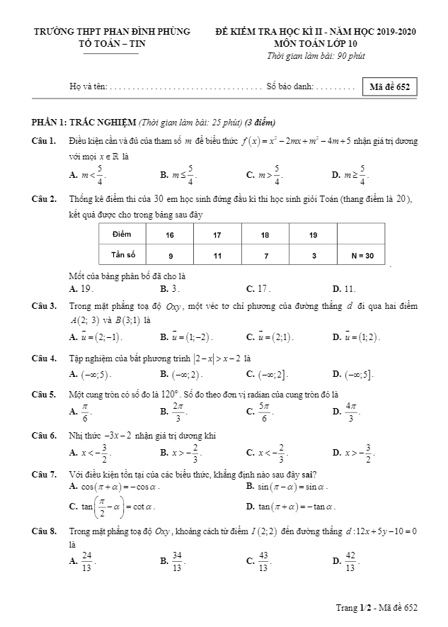 Đề thi học kì 2 Toán 10 năm 2019 2020 trường THPT Phan Đình Phùng Hà Nội