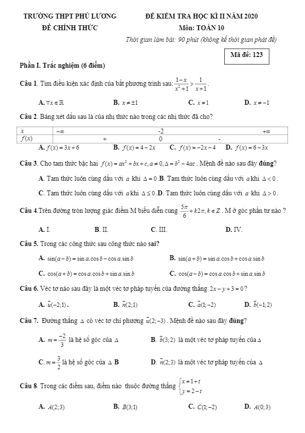 Đề thi học kì 2 Toán 10 năm 2019 2020 trường THPT Phú Lương Thái Nguyên
