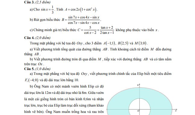 Đề thi học kì 2 Toán 10 năm 2019 2020 trường THPT Thủ Đức TP HCM