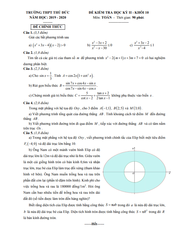 Đề thi học kì 2 Toán 10 năm 2019 2020 trường THPT Thủ Đức TP HCM
