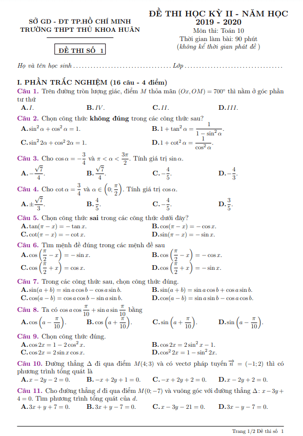Đề thi học kì 2 Toán 10 năm 2019 2020 trường THPT Thủ Khoa Huân TP HCM