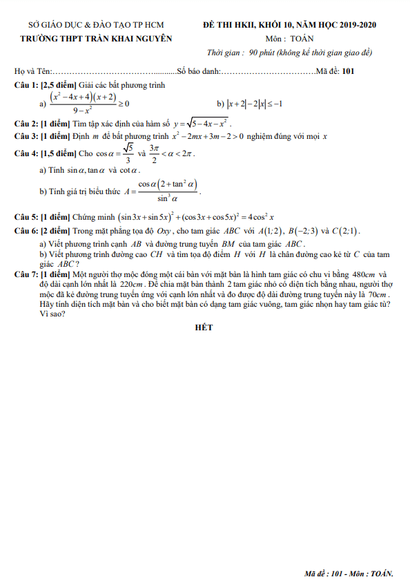 Đề thi học kì 2 Toán 10 năm 2019 2020 trường THPT Trần Khai Nguyên TP HCM