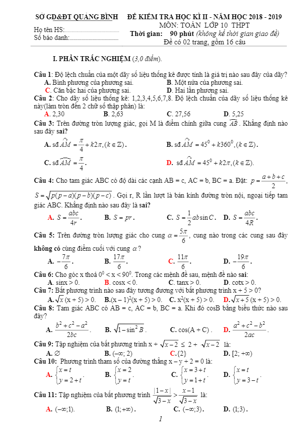 Đề thi học kì 2 Toán 10 năm học 2018 2019 sở GD&ĐT Quảng Bình