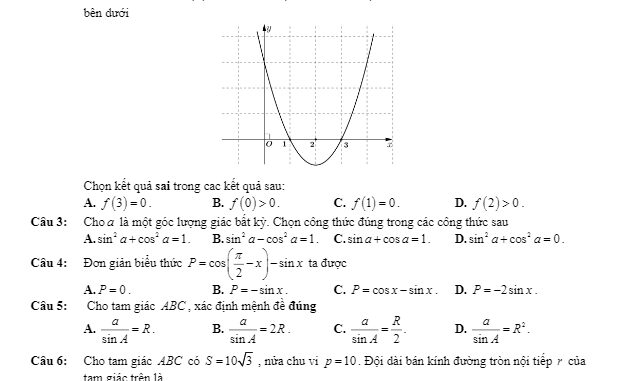 Đề thi học kì 2 Toán 10 năm học 2019 2020 trường THPT Tân Châu Tây Ninh