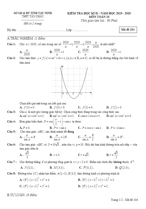 Đề thi học kì 2 Toán 10 năm học 2019 2020 trường THPT Tân Châu Tây Ninh