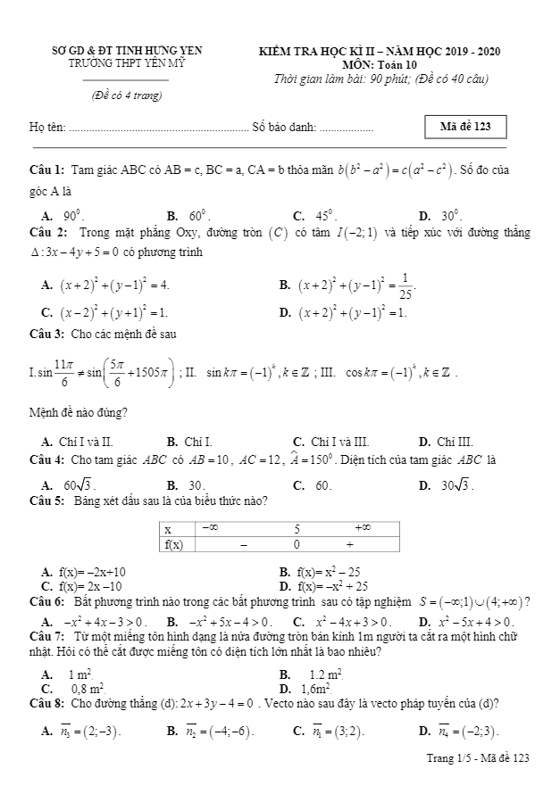 Đề thi học kì 2 Toán 10 năm học 2019 2020 trường THPT Yên Mỹ Hưng Yên