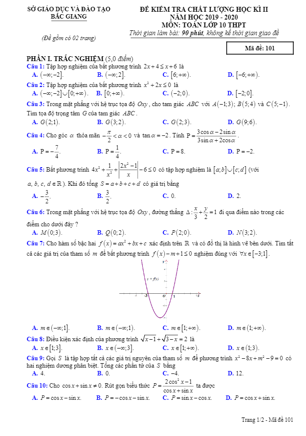 Đề thi học kì 2 Toán 10 THPT năm học 2019 2020 sở GD&ĐT Bắc Giang