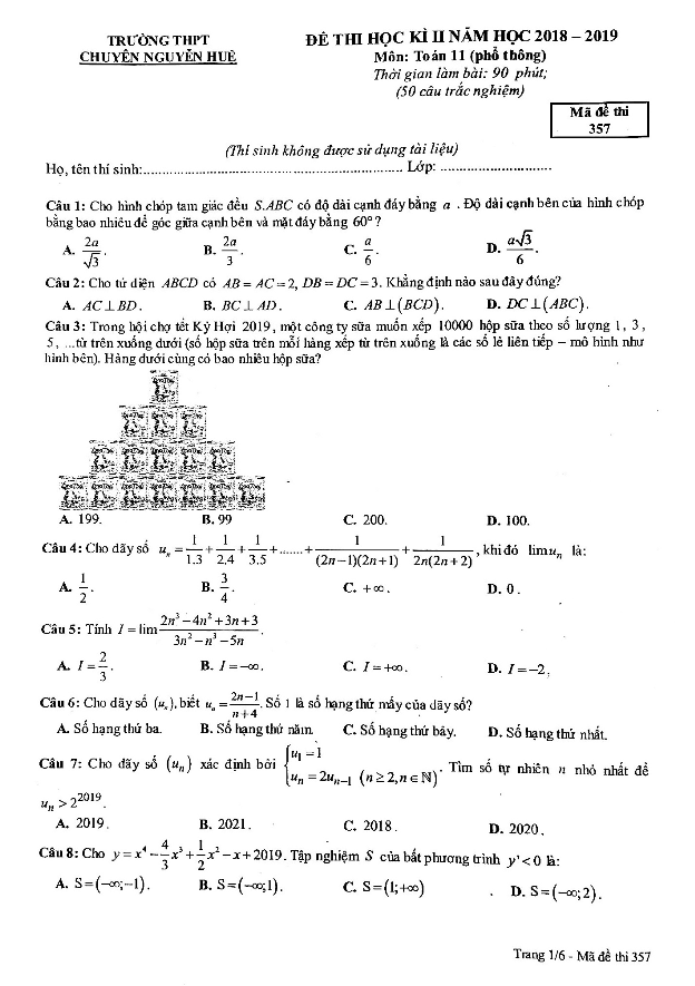 Đề thi học kì 2 Toán 11 năm 2018 2019 trường chuyên Nguyễn Huệ Hà Nội