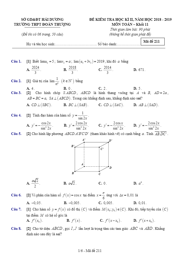 Đề thi học kì 2 Toán 11 năm 2018 2019 trường Đoàn Thượng Hải Dương