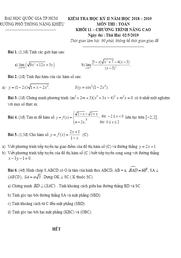 Đề thi học kì 2 Toán 11 năm 2018 2019 trường Phổ thông Năng khiếu TP HCM
