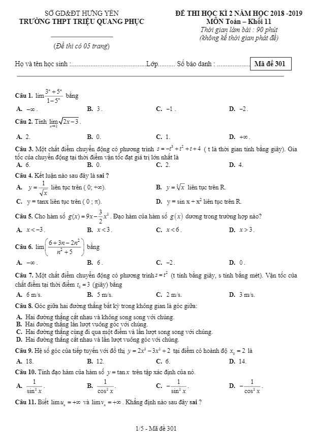 Đề thi học kì 2 Toán 11 năm 2018 2019 trường Triệu Quang Phục Hưng Yên