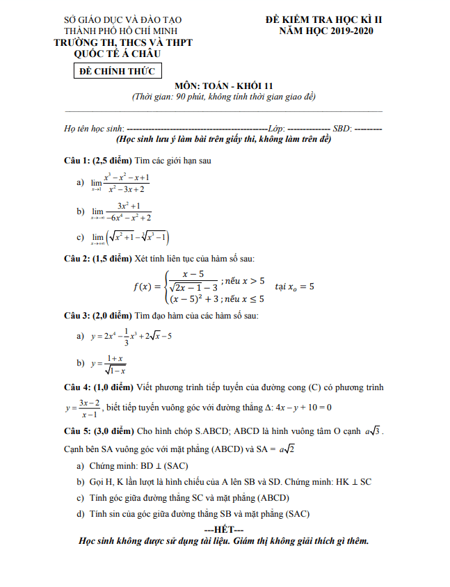 Đề thi học kì 2 Toán 11 năm 2019 2020 trường Quốc tế Á Châu TP HCM