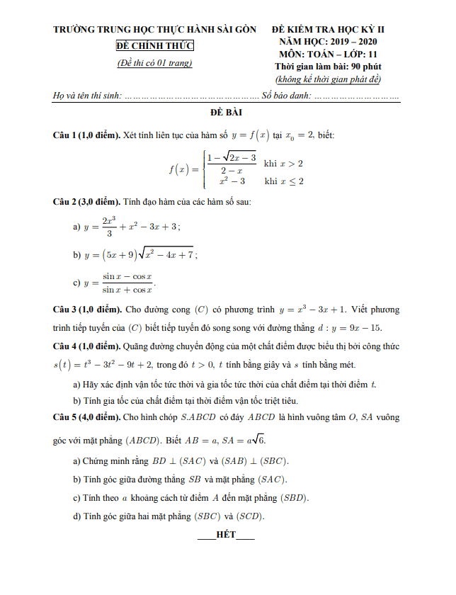 Đề thi học kì 2 Toán 11 năm 2019 2020 trường TH Thực hành Sài Gòn TP HCM