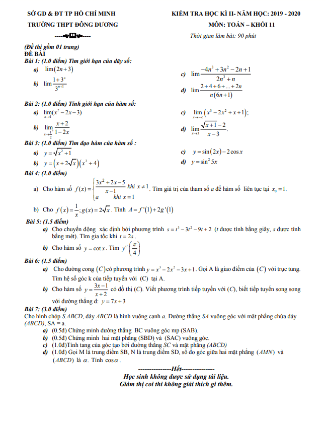Đề thi học kì 2 Toán 11 năm 2019 2020 trường THPT Đông Dương TP HCM