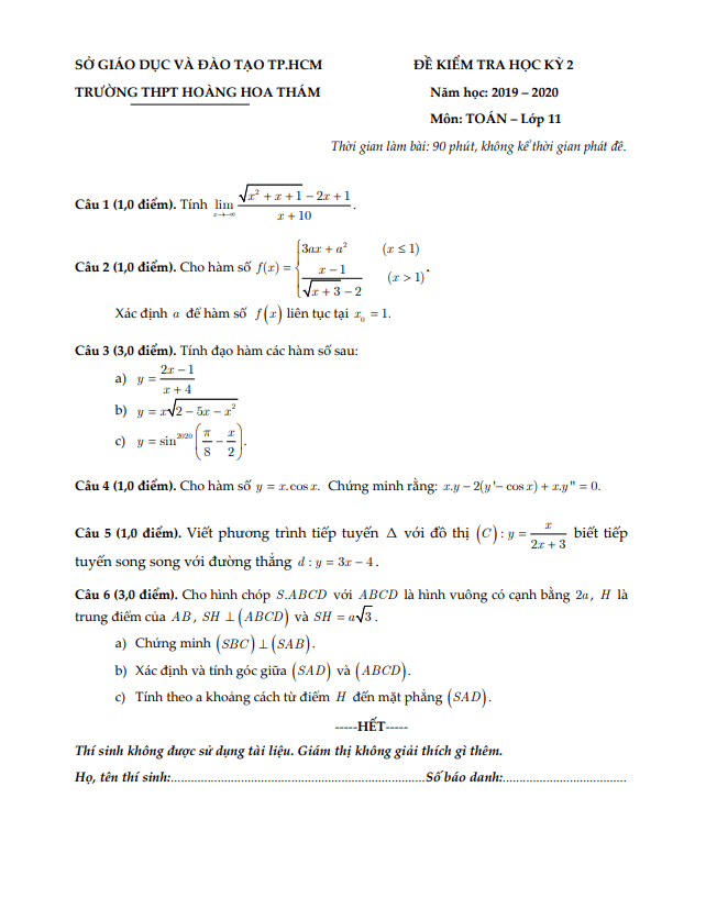 Đề thi học kì 2 Toán 11 năm 2019 2020 trường THPT Hoàng Hoa Thám TP HCM