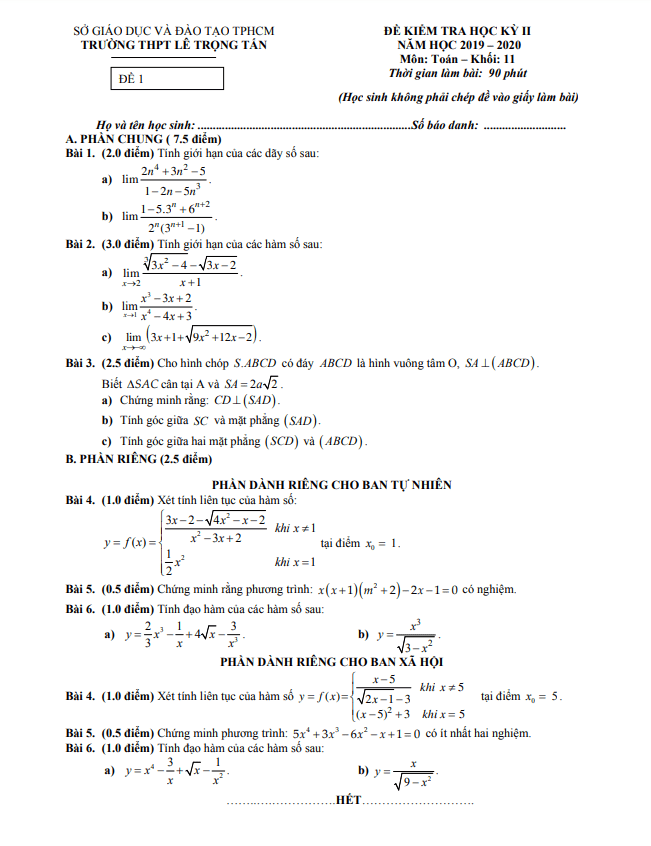 Đề thi học kì 2 Toán 11 năm 2019 2020 trường THPT Lê Trọng Tấn TP HCM