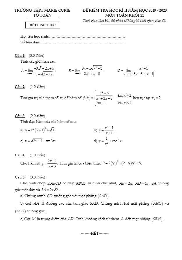 Đề thi học kì 2 Toán 11 năm 2019 2020 trường THPT Marie Curie TP HCM