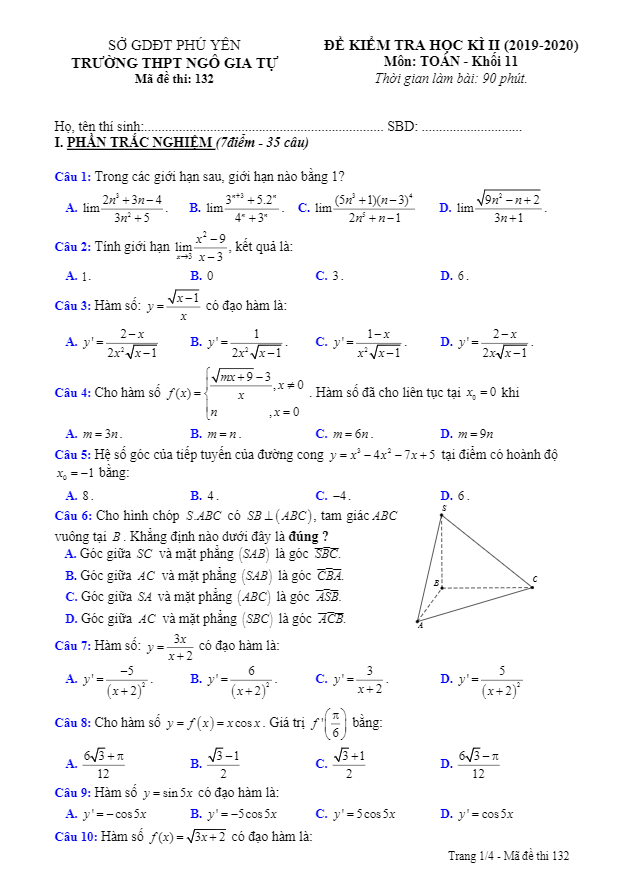 Đề thi học kì 2 Toán 11 năm 2019 2020 trường THPT Ngô Gia Tự Phú Yên
