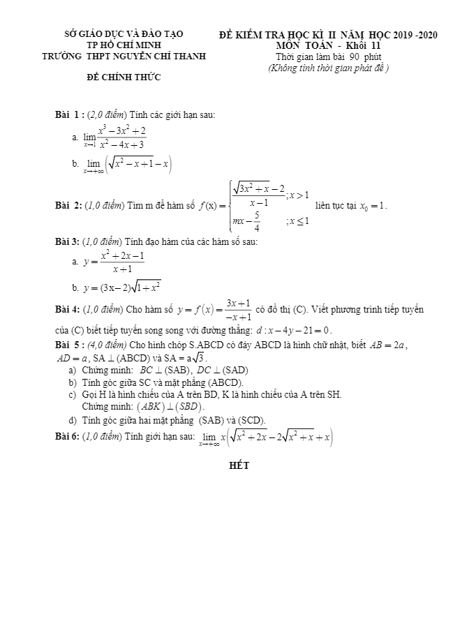 Đề thi học kì 2 Toán 11 năm 2019 2020 trường THPT Nguyễn Chí Thanh TP HCM