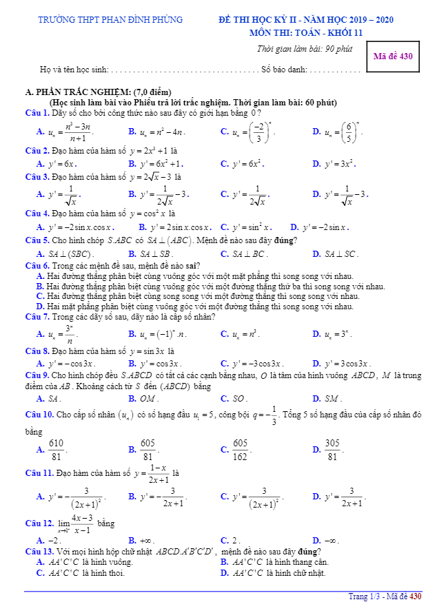 Đề thi học kì 2 Toán 11 năm 2019 2020 trường THPT Phan Đình Phùng Hà Nội