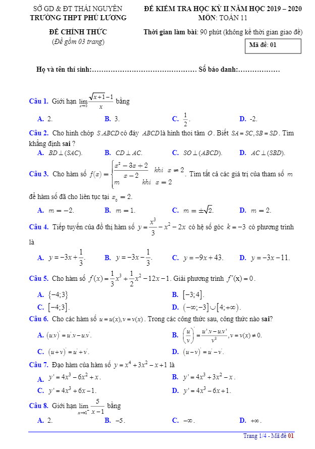 Đề thi học kì 2 Toán 11 năm 2019 – 2020 trường THPT Phú Lương – Thái Nguyên
