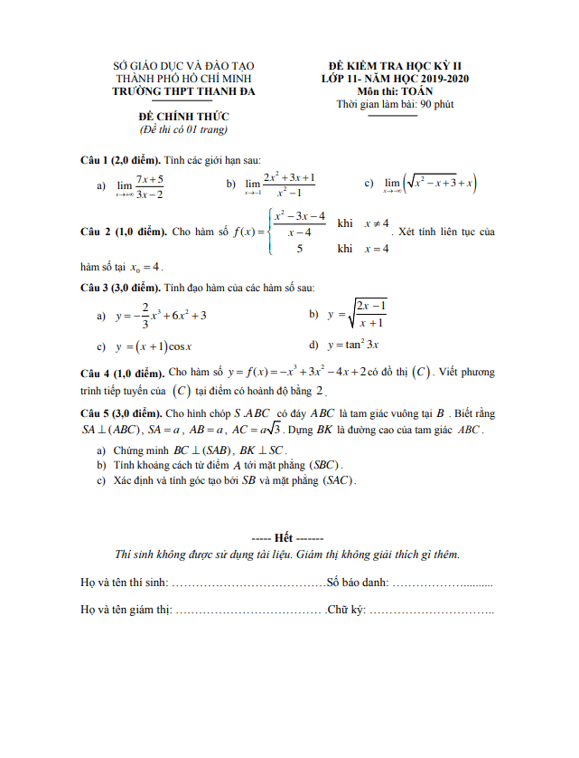 Đề thi học kì 2 Toán 11 năm 2019 2020 trường THPT Thanh Đa TP HCM