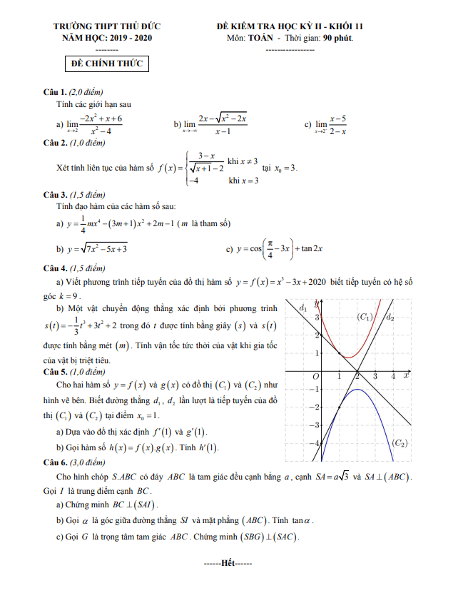 Đề thi học kì 2 Toán 11 năm 2019 2020 trường THPT Thủ Đức TP HCM