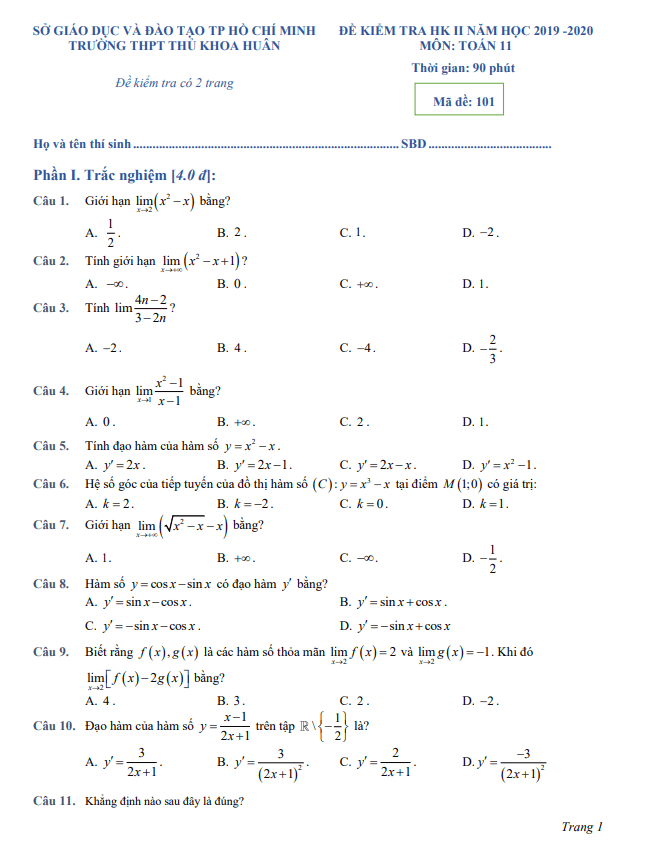 Đề thi học kì 2 Toán 11 năm 2019 2020 trường THPT Thủ Khoa Huân TP HCM