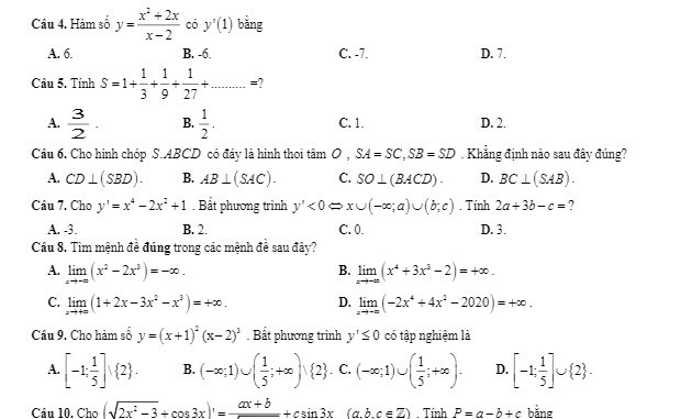 Đề thi học kì 2 Toán 11 năm 2019 2020 trường THPT Trung Giã Hà Nội