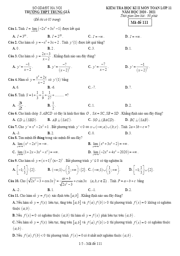 Đề thi học kì 2 Toán 11 năm 2019 2020 trường THPT Trung Giã Hà Nội