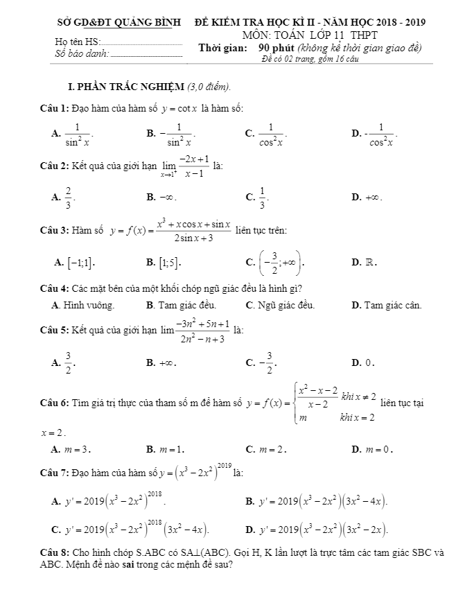 Đề thi học kì 2 Toán 11 năm học 2018 – 2019 sở GD&ĐT Quảng Bình