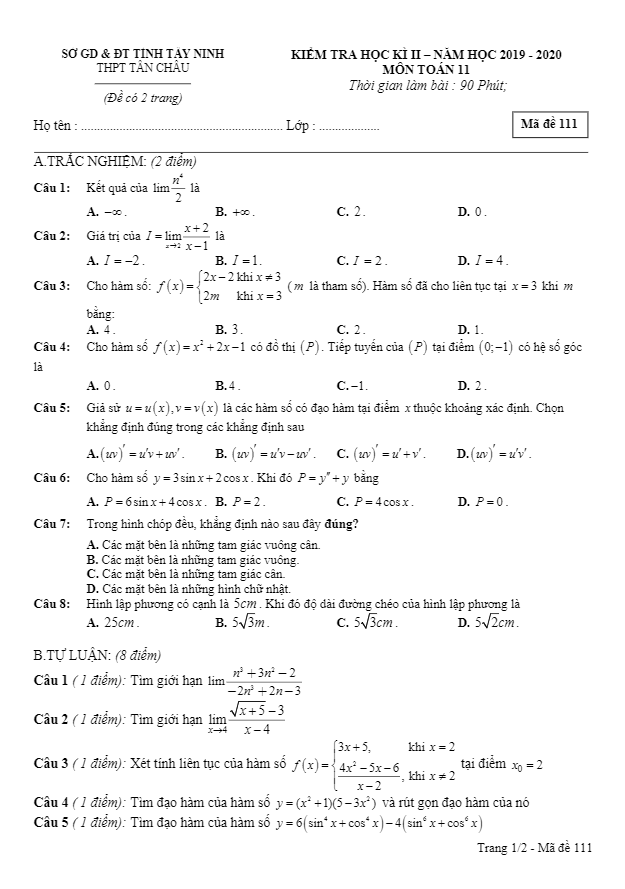 Đề thi học kì 2 Toán 11 năm học 2019 2020 trường THPT Tân Châu Tây Ninh