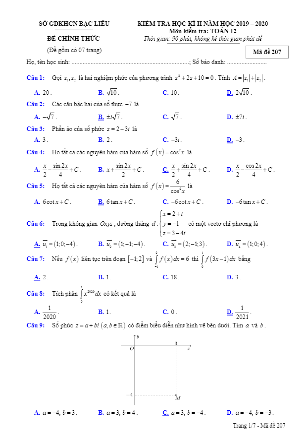 Đề thi học kì 2 Toán 12 năm 2019 2020 sở GDKHCN Bạc Liêu