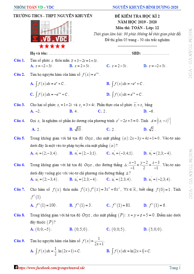 Đề thi học kì 2 Toán 12 năm 2019 2020 trường Nguyễn Khuyến Bình Dương